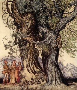 Jag är gamle Philemon! mumlade eken, illustration från "A Wonder Book for Girls and Boys" av Nathaniel Hawthorne, 1928